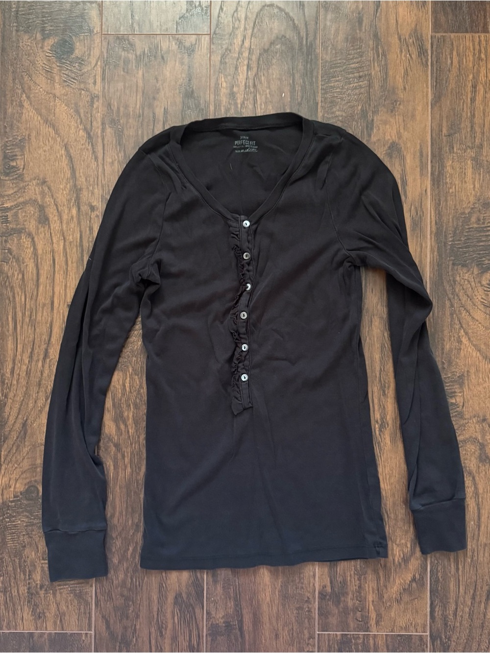J.Crew "Perfect Fit" Long-Sleeve Ruffled Henley Long SleeveMedium Black Top
